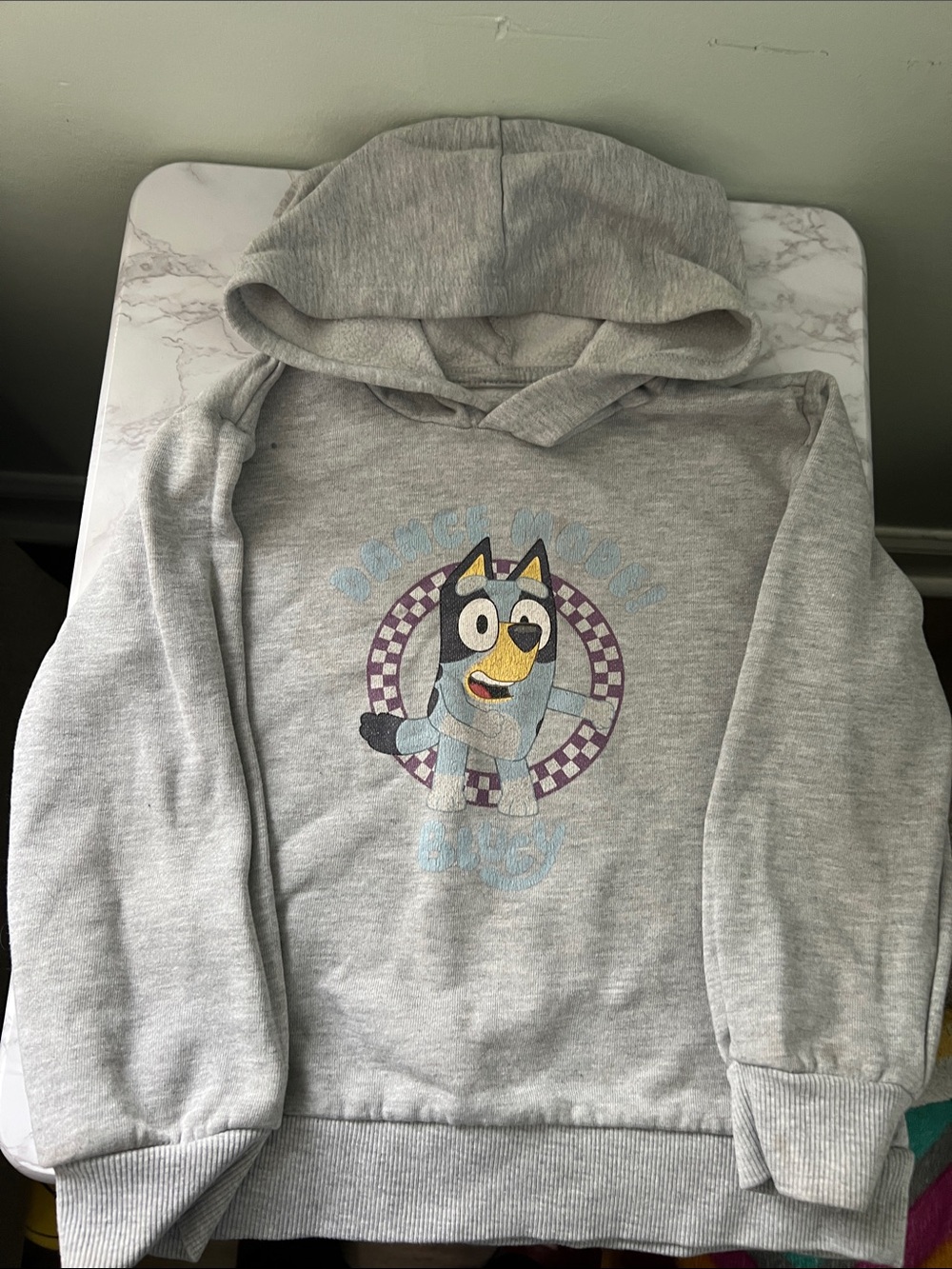 Kids Gray Hooded One-Piece Sweatshirt with Cartoon Blue Dog